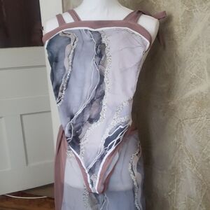 Sheer Marble-Print Maxi Dress with Mauve Trim